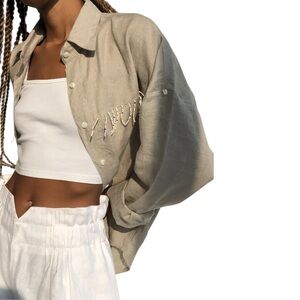 NWT Puka The Label Natural Ulu Button Down Linen Shirt with Multi Fringe Medium